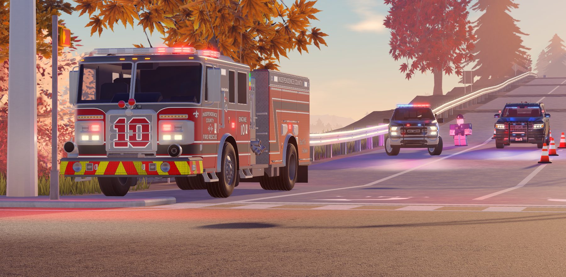 Engine 10 and state units close a ramp at dusk.