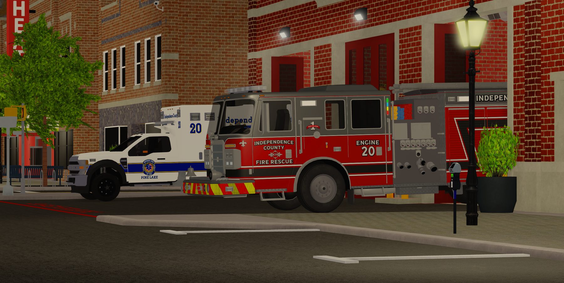 Engine 20 and a Pine Lake ambulance outside the station.