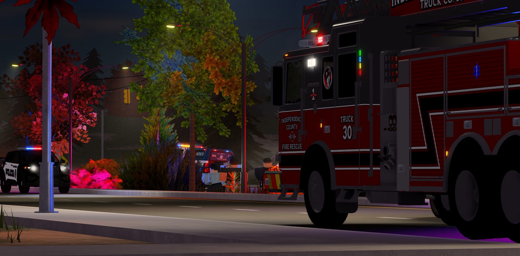 Truck 30 stages along the roadway as medics and police respond.